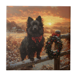 Azulejo Schipperke Dog Rustic Winter Sunset