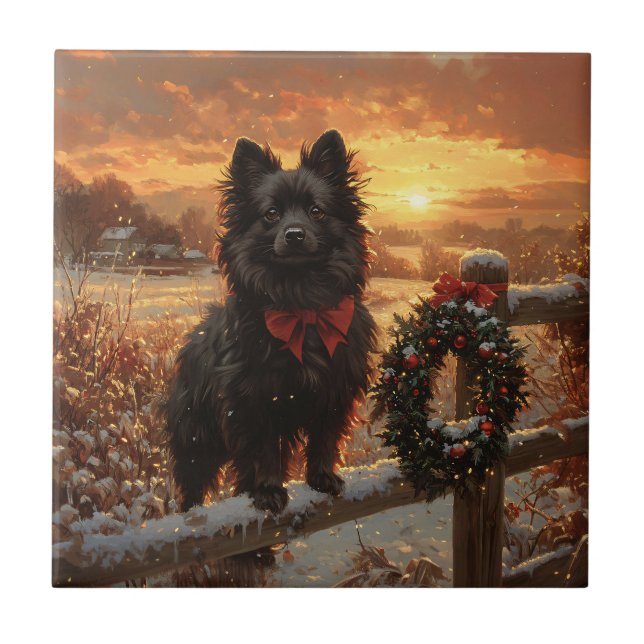 Azulejo Schipperke Dog Rustic Winter Sunset (Frente)