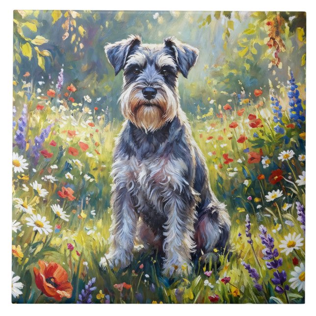 Azulejo Schnauzer en prado de flores silvestres (Frente)
