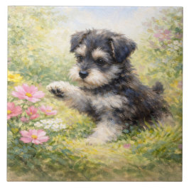 Azulejo Schnauzer Puppy Springtime Flowers