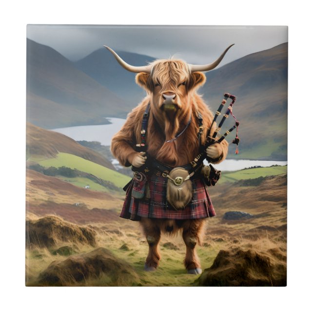 Azulejo Scottish Highland Cow Bagpiper,  (Frente)