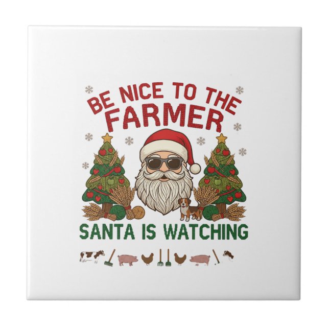 Azulejo Sé Amable Granjero Santa Navidad Animales de Granj (Frente)