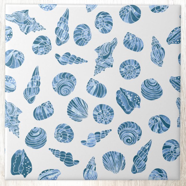 Azulejo Sea Shell Watercolor Nautical Coastal Blue (Sea shell watercolor nautical coastal pattern blue and white ceramic tile)