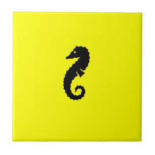 Azulejo Seahorse de Glow_Black-on-Yellow del océano