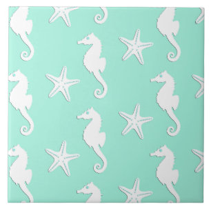 Azulejo Seahorse y estrellas de mar - blanco en la