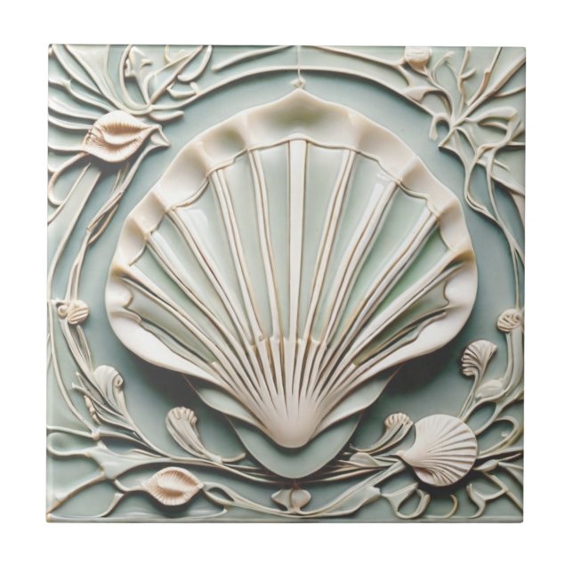 Azulejo Seashell Art Nouveau Faux Cinta Blanca Shell (Frente)