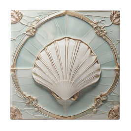 Azulejo Seashell Art Nouveau Faux Relief Mint Blue & Gold
