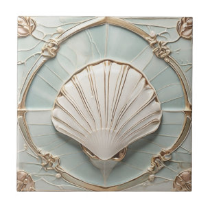 Azulejo Seashell Art Nouveau Faux Relief Mint Blue & Gold