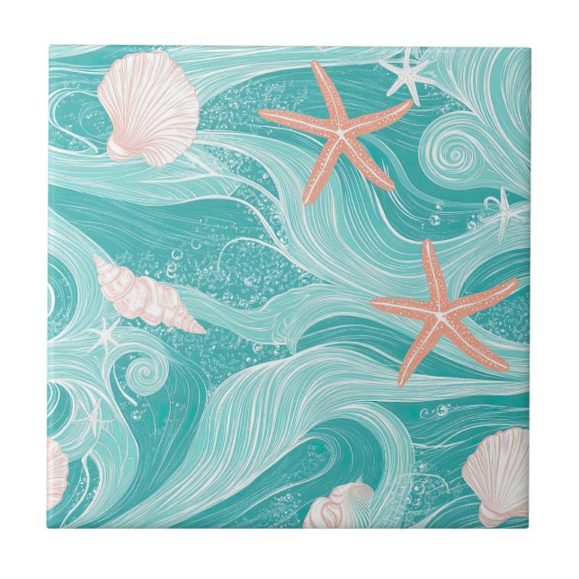 Azulejo Seashells and Ocean Waves Pattern (13) (Frente)