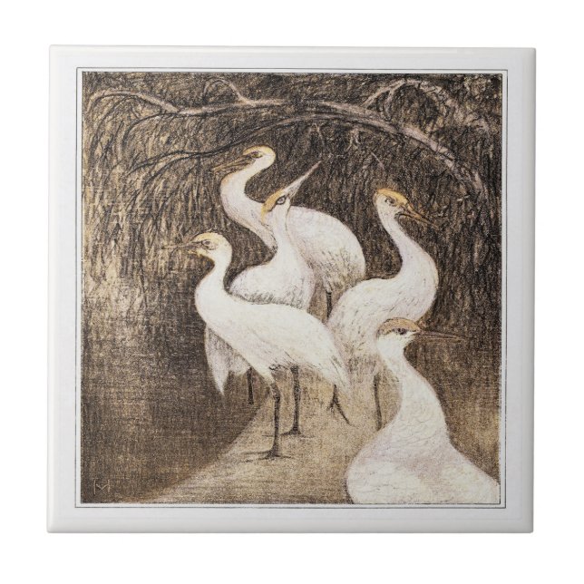 Azulejo Seis grullas al borde del agua: arte victoriano ho (Frente)