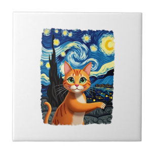Azulejo Selfie de Gato Naranja Noche Estrellada Mamá Gato 