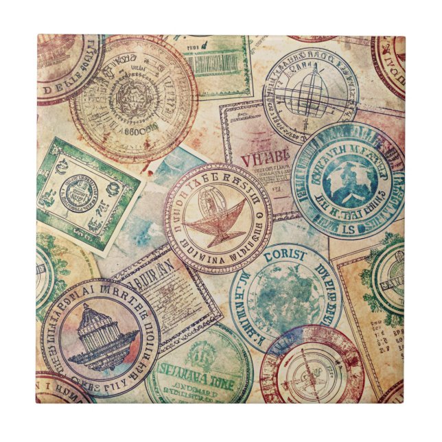Azulejo Sello de Pasaporte Rústico Patrón de Viaje (1) (Frente)