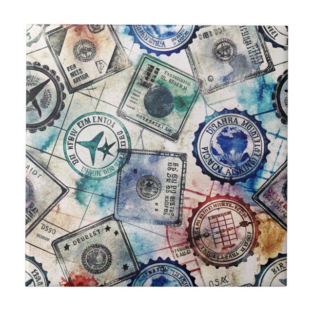 Azulejo Sello de Pasaporte Rústico Patrón de Viaje (2) (Frente)