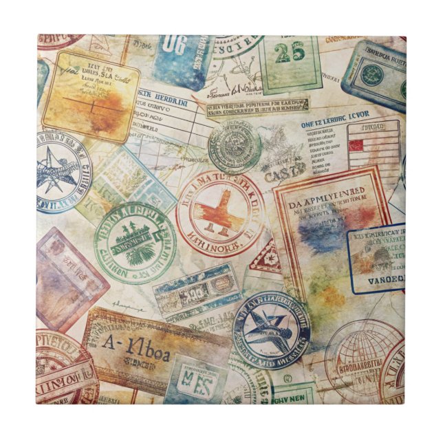 Azulejo Sello de Pasaporte Rústico Patrón de Viaje (6) (Frente)