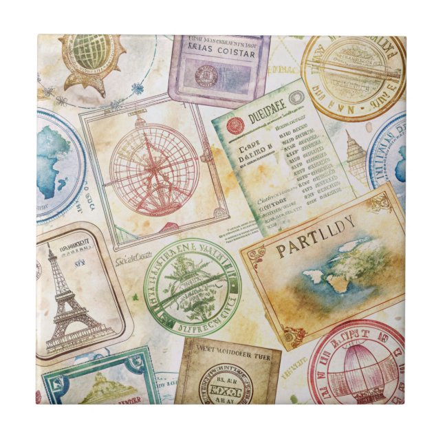 Azulejo Sello de Pasaporte Rústico Patrón de Viaje (8) (Frente)