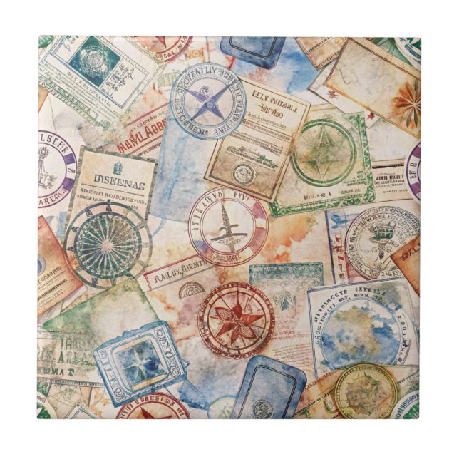 Azulejo Sello de Pasaporte Rústico Patrón de Viaje (9) (Frente)