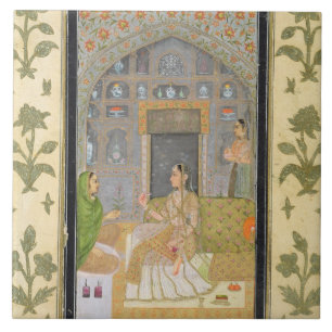 Azulejo Señora asentada en un pabellón con los asistente