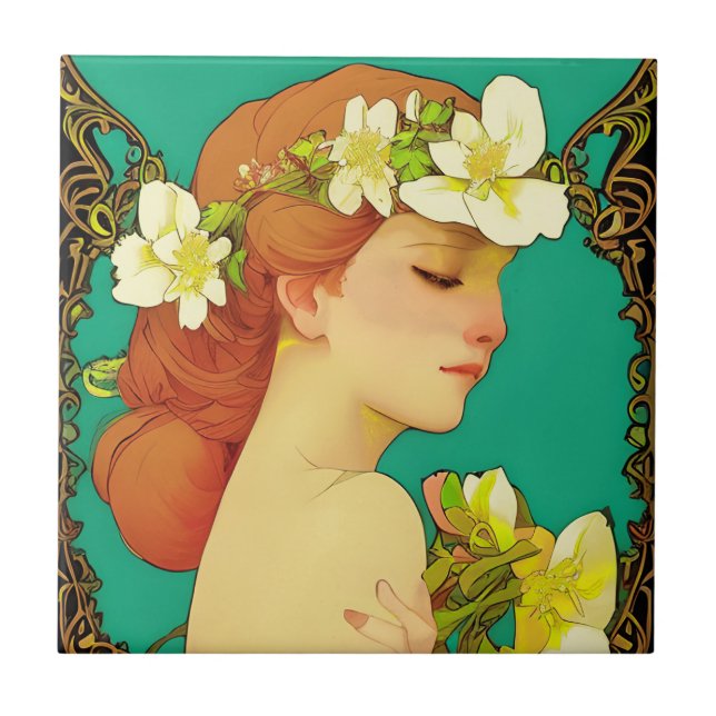 Azulejo Señora celta con flores en el pelo (Frente)