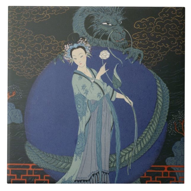 Azulejo Señora con un dragón (litho del color) (Frente)