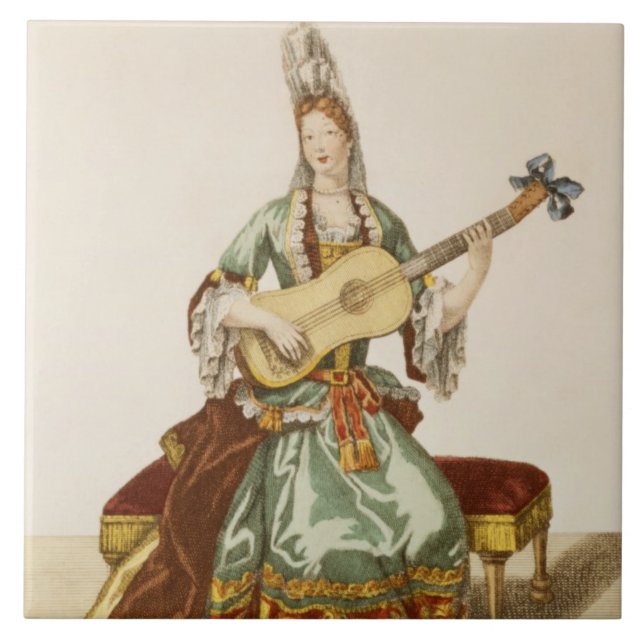 Azulejo Señora de la calidad que toca la guitarra, placa (Frente)