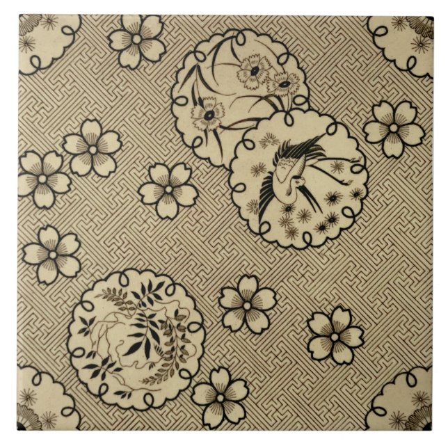 Azulejo Sepia Estética estilo japonés antiguo c1880 repro (Frente)
