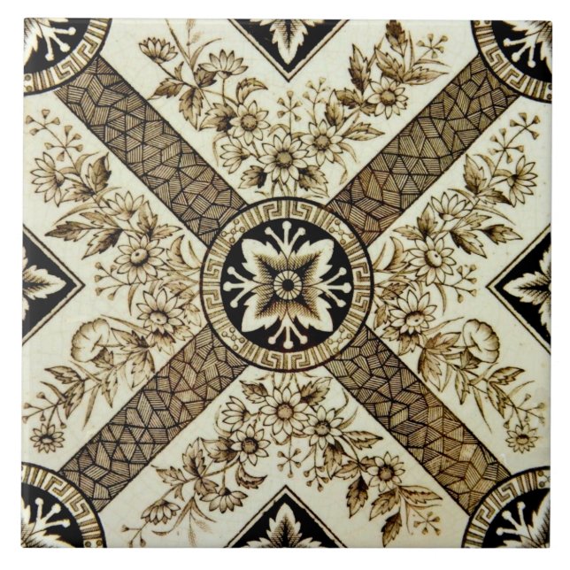Azulejo Sepia Geometric Floral de la década de 1880 (Frente)