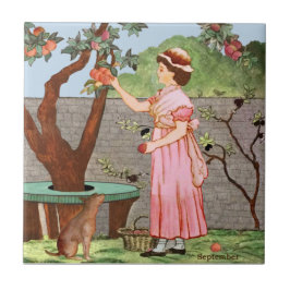 Azulejo Septiembre por Wedgwood Hand Colored c1885 Repro