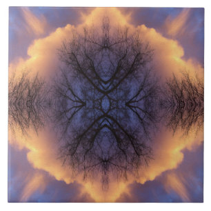 Azulejo Serena Mandala de Ramas de Árbol y Nubes en la Nat