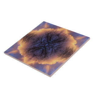 Azulejo Serena Mandala de Ramas de Árbol y Nubes en la Nat
