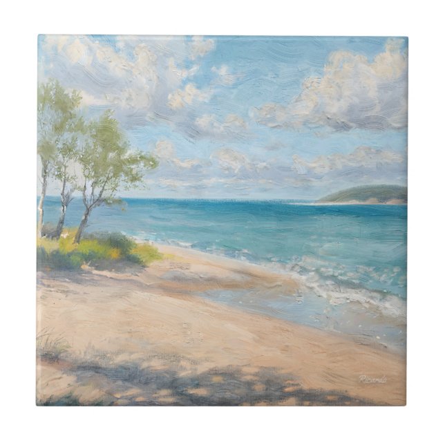 Azulejo Serene Coastal Morning Impressionist Beach Art (Frente)