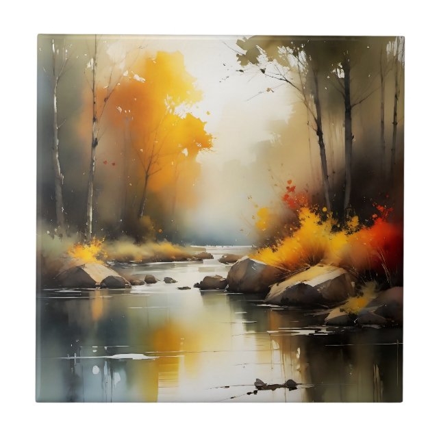 Azulejo Serene vibrante pintura del paisaje del río Otoño (Frente)