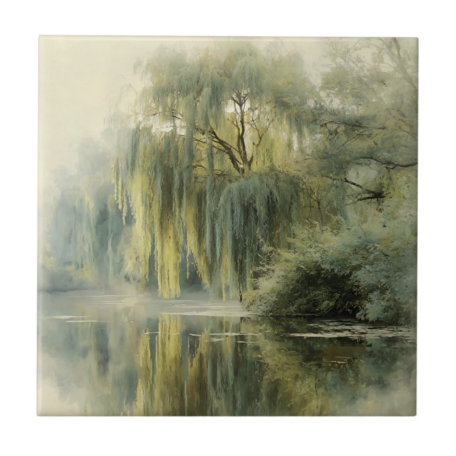 Azulejo Serene Willow Tree Reflection Nature Art (10) (Frente)