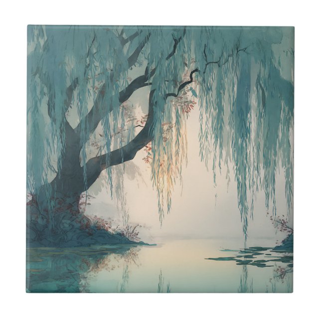 Azulejo Serene Willow Tree Reflection Nature Art (3) (Frente)