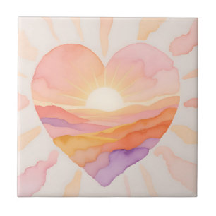 Azulejo Serenidad de Corazón de Atardecer en Acuarela