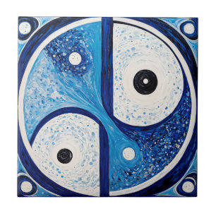 Azulejo Serenidad Geométrica: Yin Yang azul y blanco