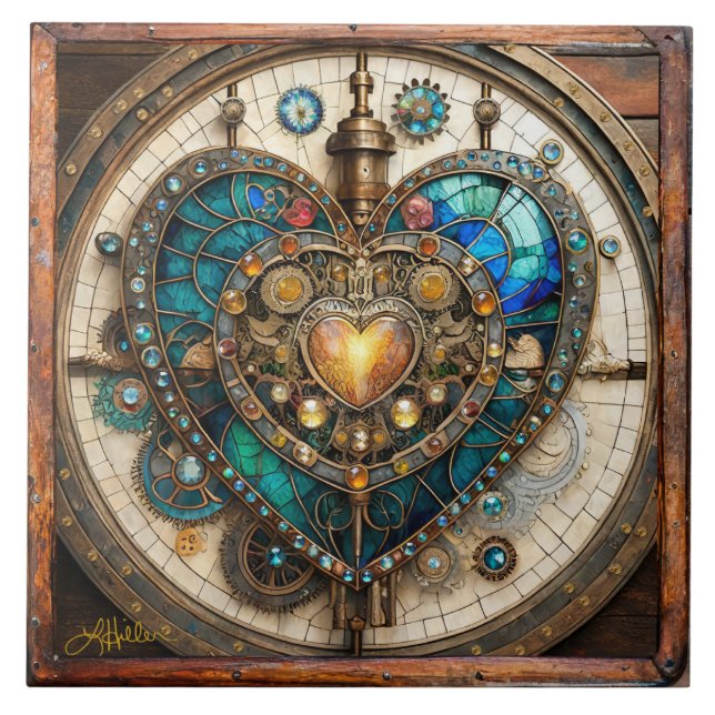 Azulejo Serie de Steampunk Heart de Vidrio Manchado de Oro (Frente)