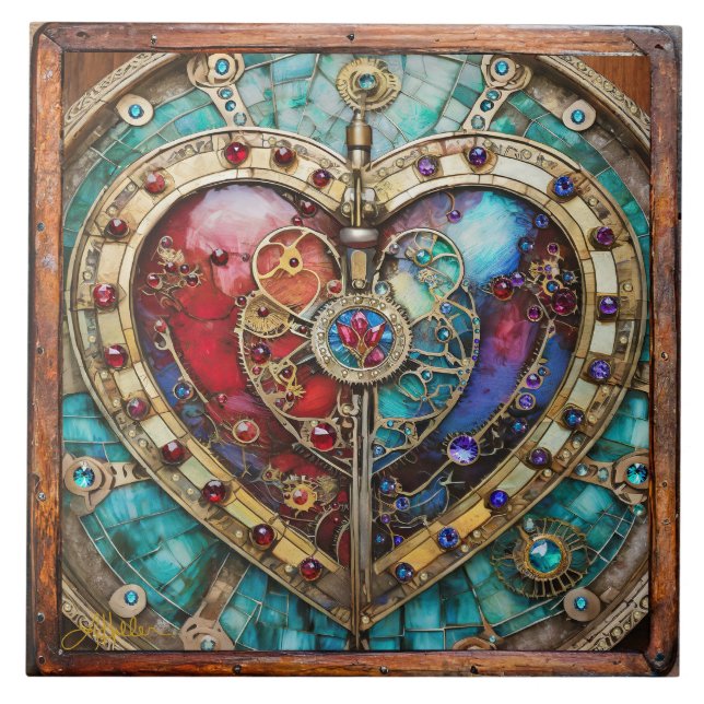 Azulejo Serie de Steampunk Heart de Vidrio Manchado Rojo y (Frente)