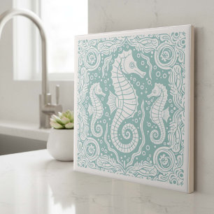 Azulejo Serie de Vida Costera Caballito de Mar Verde Azul