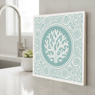 Azulejo Serie de Vida Costera Coral de Encaje Verde Azul D
