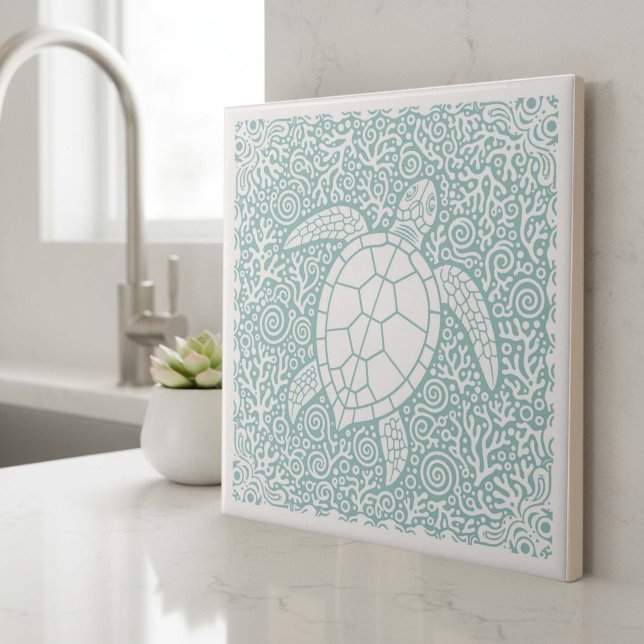 Azulejo Serie de Vida Costera Tortuga Verde Teal D1208 (Subido por el creador)