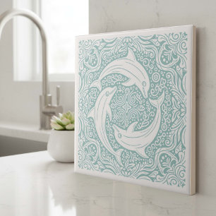 Azulejo Serie de Vida Costera Tres Delfines Verde Azul D12
