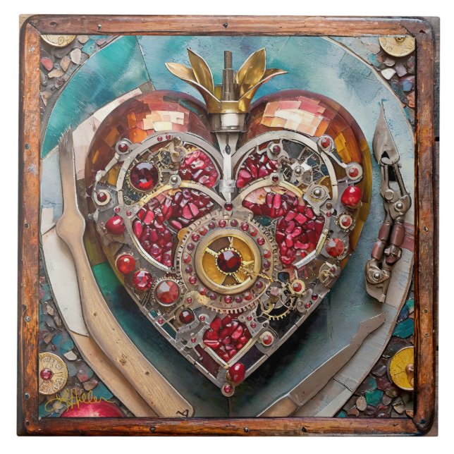 Azulejo Serie Steampunk Corazón de Granada Rubí (Frente)