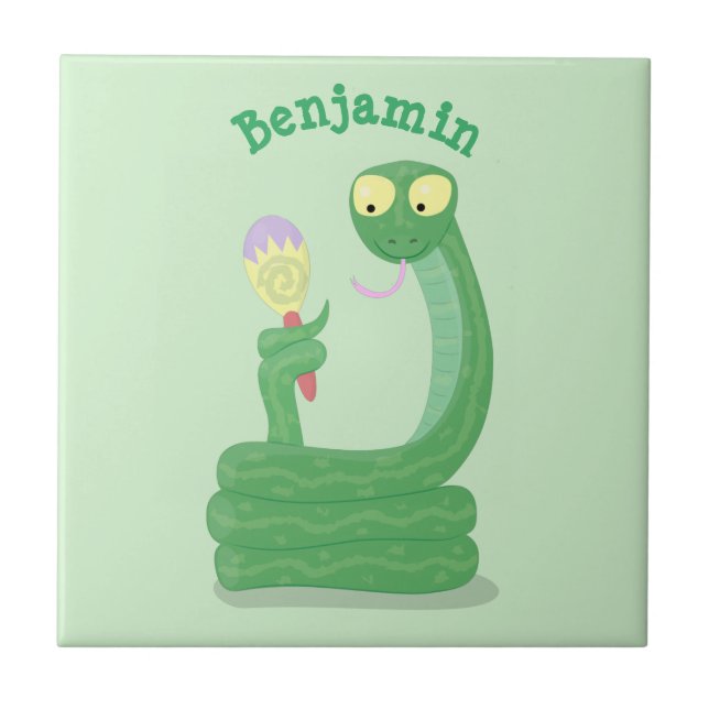 Azulejo Serpiente verde divertida con caricatura de maraca (Frente)