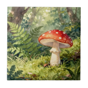 Azulejo Seta Amanita Roja Escena de Bosque Acuarela