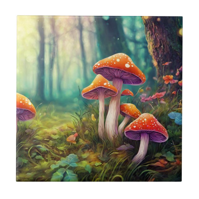 Azulejo Setas psicodélicas rojas en el bosque (Frente)