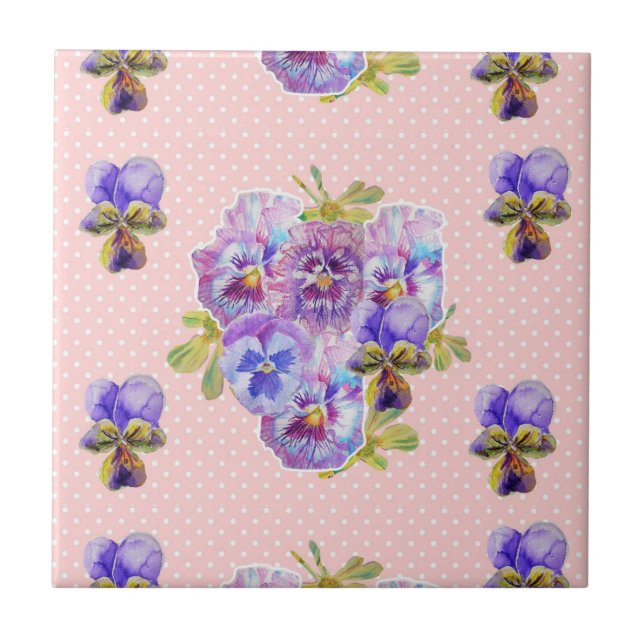 Azulejo Shabby Chic Pink dot Pansy arte floral Cerámica Ti (Frente)