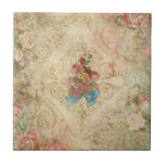 Azulejo Shabby Vintage Floral Tile<br><div class="desc">Bouquet de flores y cintas sobre un fondo de damasco de color crema grisáceo con remolinos y rosas florentinos grabados y textura ligeramente grabado en relieve.</div>