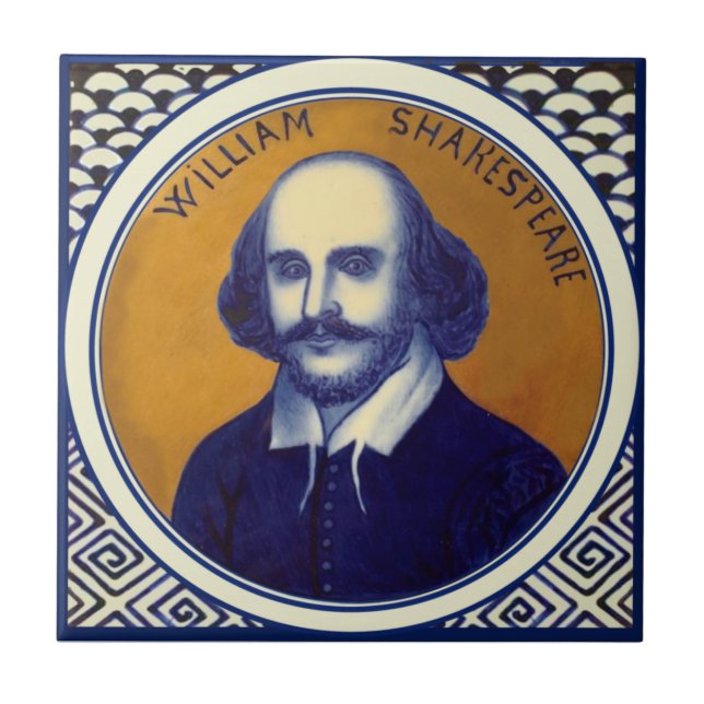 Azulejo Shakespeare retrato de la antigua cobalto repro (Frente)