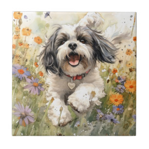 Azulejo Shih Tzu, acuarela floral