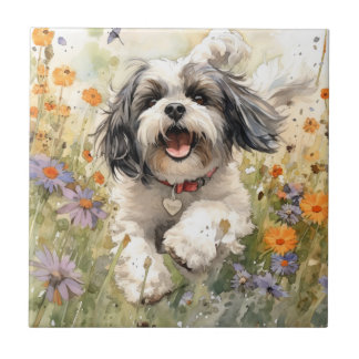 Azulejo Shih Tzu, acuarela floral